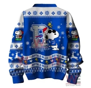 Buffalo Bills Christmas sweater with Snoopy wearing a blue jersey, sunglasses, and a Santa hat, surrounded by snowflakes.