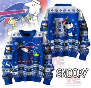 Buffalo Bills Premium NFL Peanuts Snoopy Ugly Sweater 5 Buffalo Bills sweater with Snoopy and Woodstock in warm clothes, with snowflakes and festive designs.