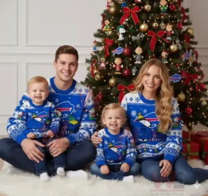 Buffalo Bills Premium NFL Peanuts Snoopy Ugly Sweater 6 Family dressed in Buffalo Bills Snoopy Christmas sweaters in front of a decorated Christmas tree.