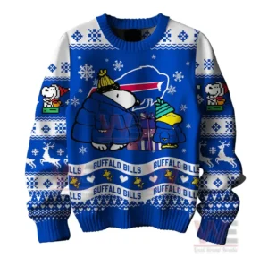 Buffalo Bills Premium NFL Peanuts Snoopy Ugly Sweater 7 Buffalo Bills Christmas sweater with a close-up of Snoopy and Woodstock in winter clothing, snowflakes, and festive designs.
