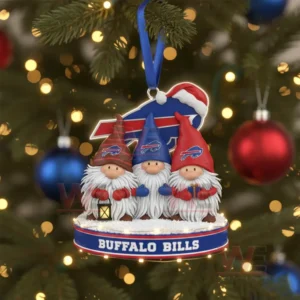 Three decorative gnomes in red and blue clothing hang from a Christmas tree as part of a holiday ornament!