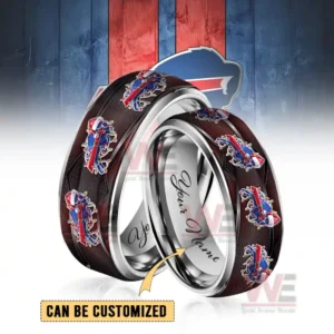A pair of Buffalo Bills-themed Christmas silver tungsten rings with the team's logo and festive touches. These rings can be customized with personal details.