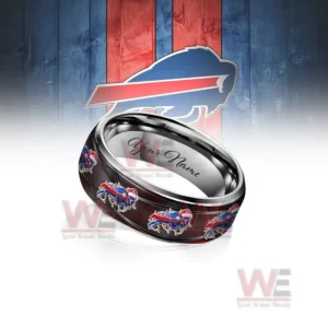 Buffalo Bills x Christmas Silver Tungsten Rings 8 A close-up of a personalized Buffalo Bills Christmas-themed silver tungsten ring, showcasing the team logo and the space for engraving a name.