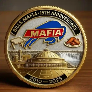 Bills Mafia 15th anniversary coin with team symbols and stadium design!