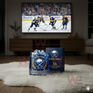 Buffalo Sabres whiskey glass filled with ice, with the 56th anniversary box placed next to it, and a hockey game displayed on the TV in the background.