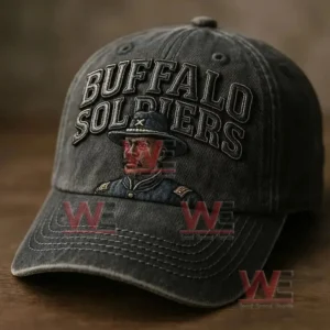 A dark cap with embroidered lettering and a portrait of a soldier is shown resting on a flat surface!