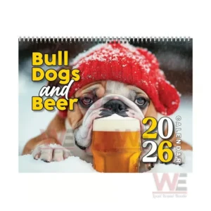 Bull Dogs and Beer 2026 calendar cover with a bulldog in the snow wearing a red hat beside a cold beer!