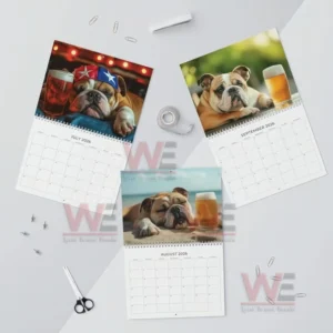Bull Dogs and Beer 2026 calendar pages with bulldogs posing with beer glasses in summer and outdoor scenes!