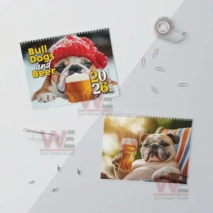 Bull Dogs and Beer 2026 calendar cover and a bulldog image with a beer glass in a relaxed summer setting!