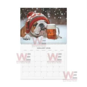 Bull Dogs and Beer 2026 January calendar page with a bulldog in snow and a beer mug!