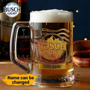 Alt text: Custom Busch Light beer mug with etched mountain and flag design, with space for a name.