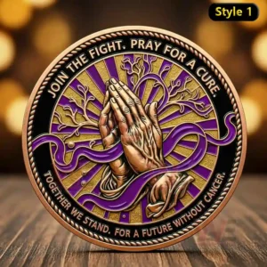 Alt text: Challenge coin featuring praying hands and a purple ribbon for cancer awareness.