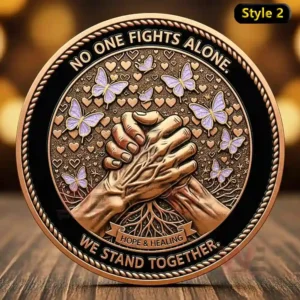 Alt text: Challenge coin with intertwined hands, butterflies, and hearts symbolizing cancer support.