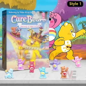 Care Bears Journey to Joke a Lot advent calendar with miniature bear figurines and colorful animated background.