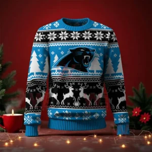 Carolina Panthers NFL Christmas Ugly Sweater 2025 3 Carolina Panthers Christmas sweater front view showing the team logo and holiday patterns of snowflakes trees and reindeer!