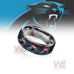 Carolina Panthers x Christmas Silver Tungsten Rings 8 A close-up of a personalized Carolina Panthers Christmas-themed silver tungsten ring, showcasing the team logo and the space for engraving a name.