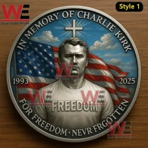 A memorial style coin depicting a man standing before an American flag with a cross above him and engraved text around the border!