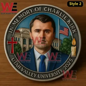A memorial coin with a portrait of a man in a suit positioned before a large building and an American flag!