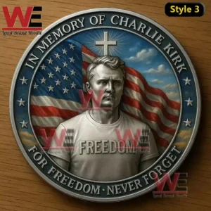 A circular memorial coin presenting a man in front of a waving American flag with decorative stars and engraved inscriptions!