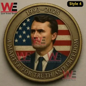 A round memorial coin featuring a man in formal clothing before an American flag and bordered with commemorative inscriptions!