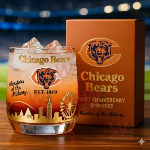 Chicago Bears 106th anniversary whiskey glass with logo and skyline design beside matching orange box!
