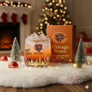 Chicago Bears 106th anniversary whiskey glass holiday display with festive decorations and warm background!