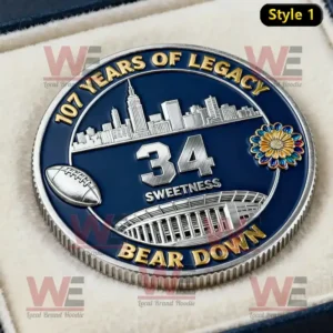 Chicago Bears 107th anniversary coin with skyline engraving, number 34 Sweetness, Soldier Field design, and navy blue background with gold text.