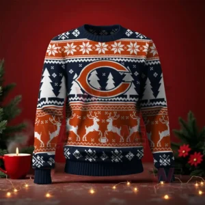 Chicago Bears NFL Christmas Ugly Sweater 2025 3 Chicago Bears Christmas sweater front view showing the team logo and Christmas themed patterns of trees snowflakes and reindeer!
