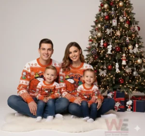 Family dressed in Chicago Bears Snoopy Christmas sweaters in front of a Christmas tree.