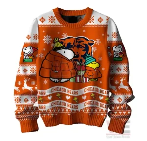 Chicago Bears Premium NFL Peanuts Snoopy Ugly Sweater 6 Front view of the Chicago Bears Snoopy sweater with Snoopy in a jacket and scarf, surrounded by snowflakes.