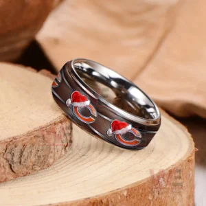 Chicago Bears x Christmas Silver Tungsten Rings 6 A close-up of a Chicago Bears Christmas-themed ring, showcasing the festive logo on a silver tungsten band placed on a wooden surface.