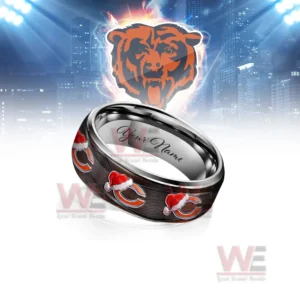 Chicago Bears x Christmas Silver Tungsten Rings 8 A close-up of a personalized Chicago Bears Christmas-themed silver tungsten ring, showcasing the team logo and the space for engraving a name.