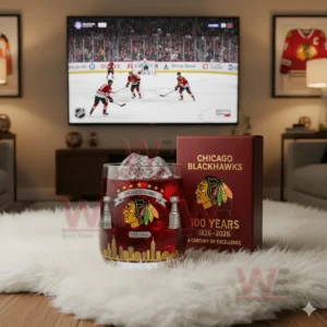 A glass with a Chicago Blackhawks design filled with ice and a red beverage positioned on a rug with a television showing a hockey game in the background and a themed box beside it!