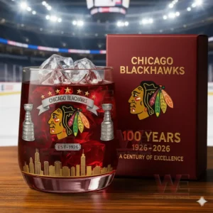 A Chicago Blackhawks themed glass filled with ice and a red drink set on a wooden surface with an anniversary box beside it and a hockey arena behind it!