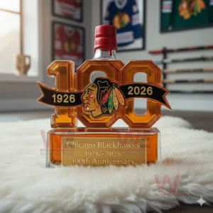 A number shaped bottle honoring the Blackhawks centennial set on a white rug with sports decor around it!