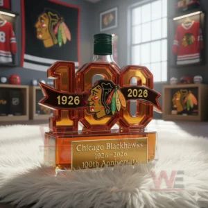Chicago Blackhawks 1926-2026 100th Anniversary Whiskey Bottle 11 A centennial bottle shaped as the number one hundred shown on a fluffy rug with surrounding Blackhawks decor!
