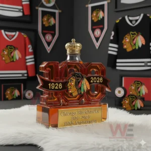 Chicago Blackhawks 1926-2026 100th Anniversary Whiskey Bottle 12 A bottle formed as the number one hundred featuring Blackhawks graphics placed on a soft rug with sports displays behind it!