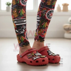 Chicago Blackhawks Crocs Crocband Clogs 7 Chicago Blackhawks-themed Crocs worn with matching leggings.