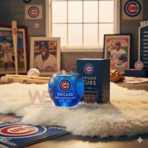 A close view of a blue Chicago Cubs baseball shaped anniversary glass with ice next to a themed box in a decorated sports room!