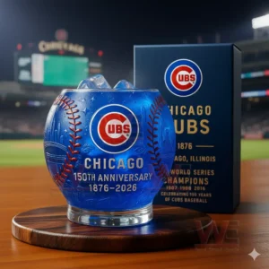 Chicago Cubs 1876-2026 150th Anniversary Whiskey Glass 5 A close view of a blue Chicago Cubs anniversary glass with ice standing before a themed box with stadium lights in the background!