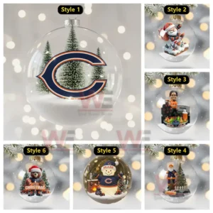 A collage of six Chicago Bears themed Christmas ornaments displayed in a festive arrangement with winter scenes and small figurines inside clear baubles.