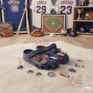 Blue Chicago Cubs clogs with multiple baseball charms displayed on a white furry rug in a sports themed room!