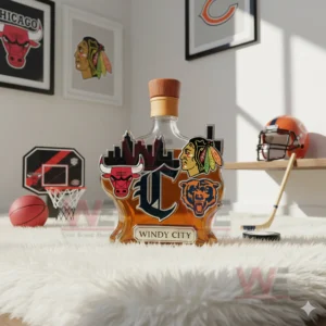 A bottle showcasing Chicago team emblems positioned on a white rug with various sports themed decor in the background!