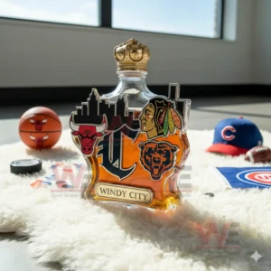 Chicago Windy City Limited Edition Whiskey Bottle 9 A Windy City inspired bottle set on a soft rug with surrounding sports accessories and team themed decor!