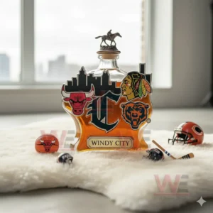 Chicago Windy City Limited Edition Whiskey Bottle 10 A clear bottle decorated with city and team symbols positioned on a white rug with athletic items scattered nearby!