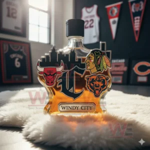 Chicago Windy City Limited Edition Whiskey Bottle 11 A Windy City bottle displayed on a plush rug with various Chicago sports themed decor in the background!