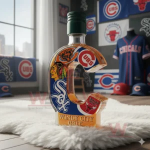 A bottle shaped like the letter C featuring Chicago sports graphics set on a white rug surrounded by themed memorabilia!