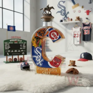 A bottle shaped like a bold C featuring Chicago sports symbols placed on a rug with various memorabilia in the background!