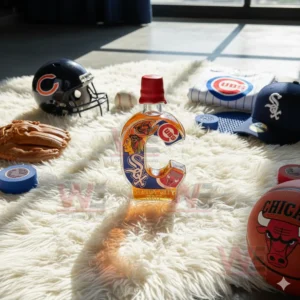 A bottle formed as the letter C featuring team imagery set on a white rug with sports accessories around it!