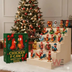 A holiday advent calendar featuring humorous chicken figurines displayed on steps with a Christmas tree full of lights and ornaments in the background.